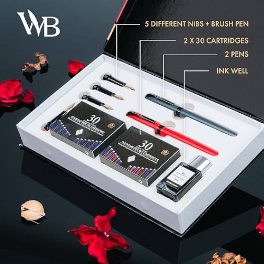 Wordsworth and Black Calligraphy Pen Set – Grey Kit with 60 Ink Cartridges