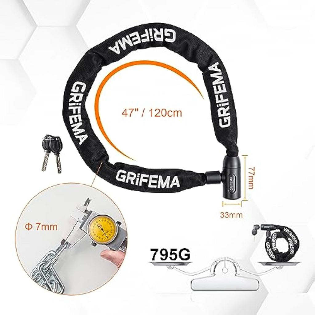 GRIFEMA Heavy Duty Bike Chain Lock – 120cm High Security with 2 Keys