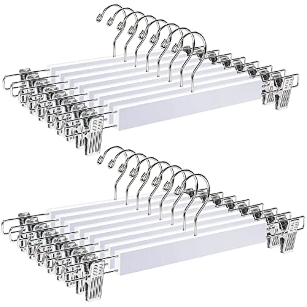 Amber Home White Wooden Pants Hangers with Adjustable Clips - 20 Pack