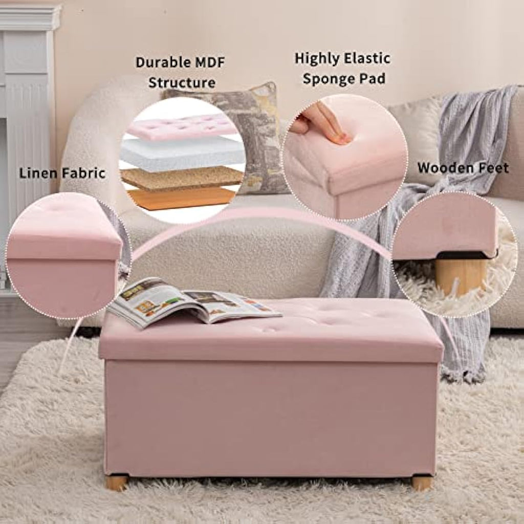Pink Velvet Storage Ottoman – Foldable Stool with Wood Legs