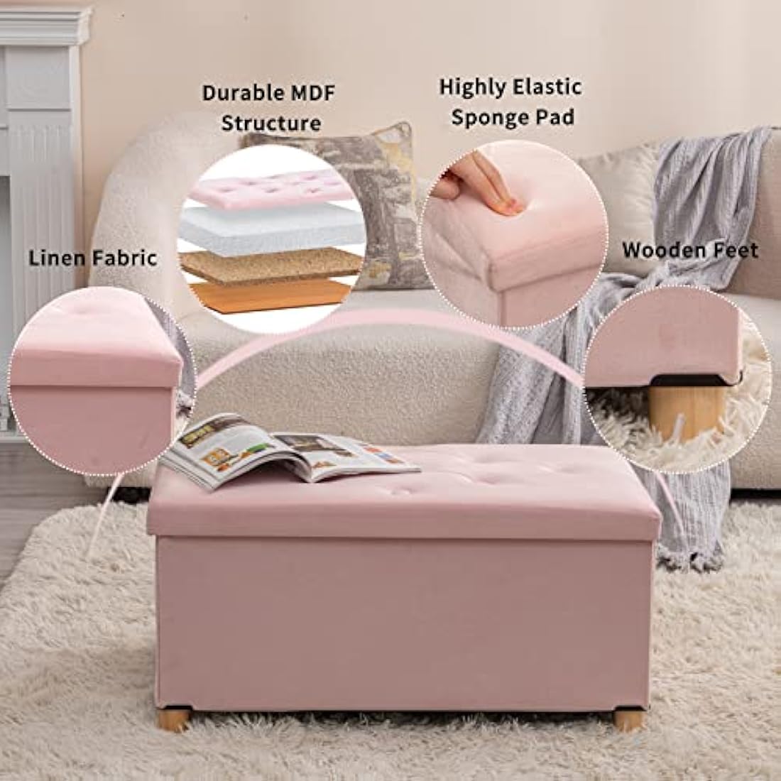 Pink Velvet Storage Ottoman – Foldable Stool with Wood Legs