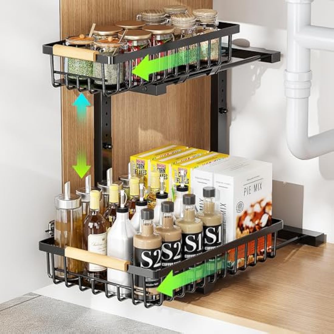 ROLIZOE Under Sink Storage - 2 Tier Height Adjustable Sliding Organiser