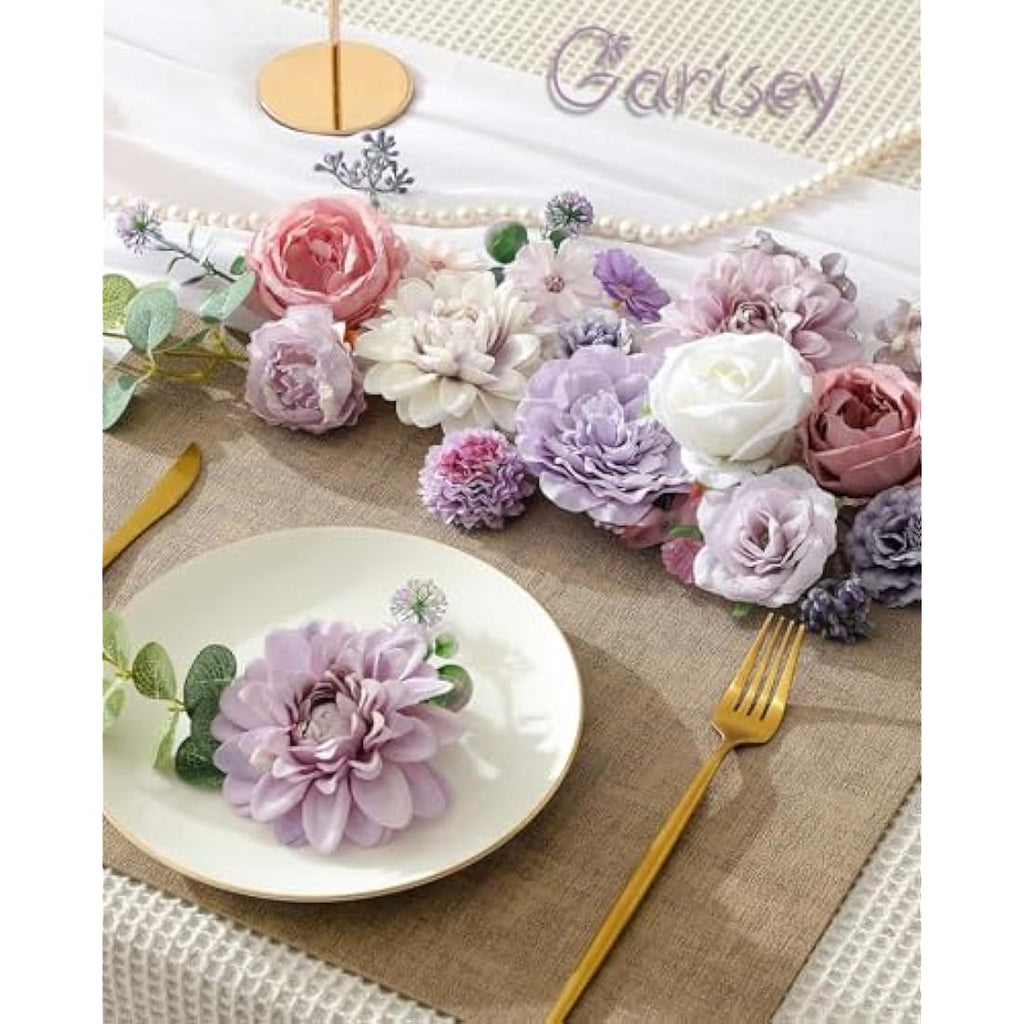 Garisey Artificial Flowers Combo Box Set | White Purple Silk Peony & Rose
