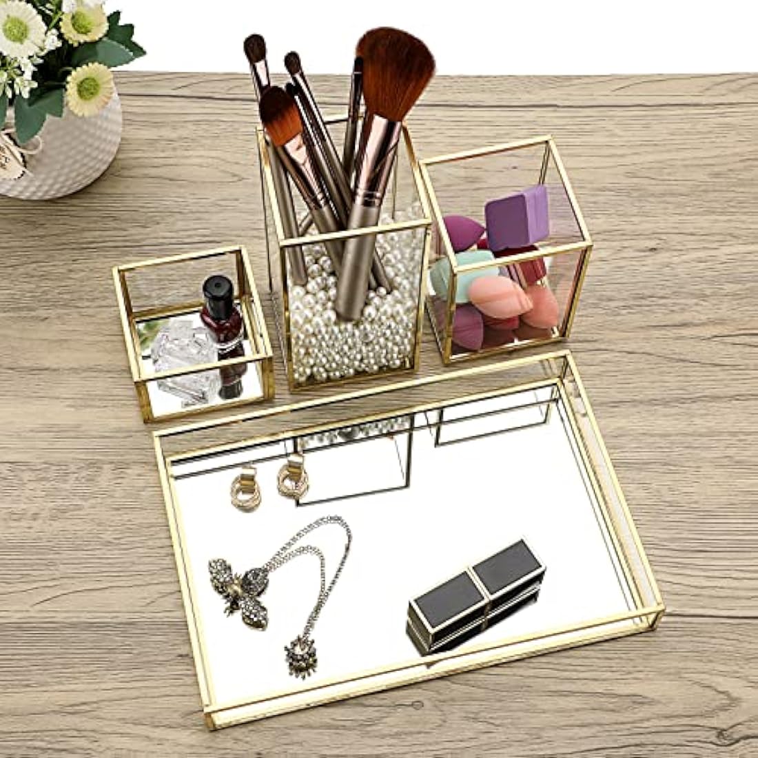 Jolof Store Gold Glass Makeup Organizer – Stackable Brush Holder & Tray