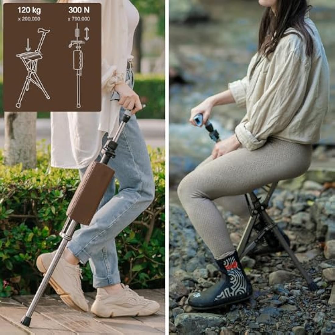Ta-Da Chair PRO | Adjustable Walking Stick with Seat – Brown