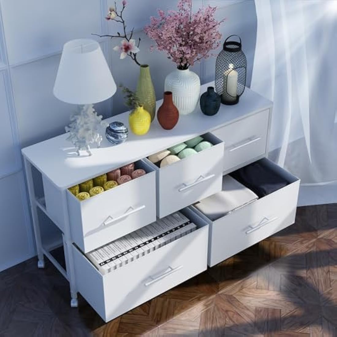 5-Drawer Fabric Dresser | Rolling Storage Chest - White
