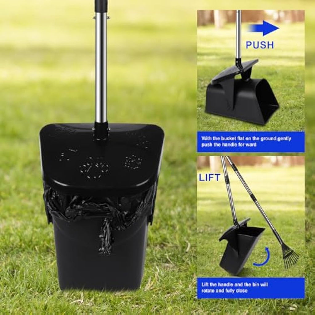 Dog Poop Scooper – Long Handle Swivel Bin, Rake & Spade Set