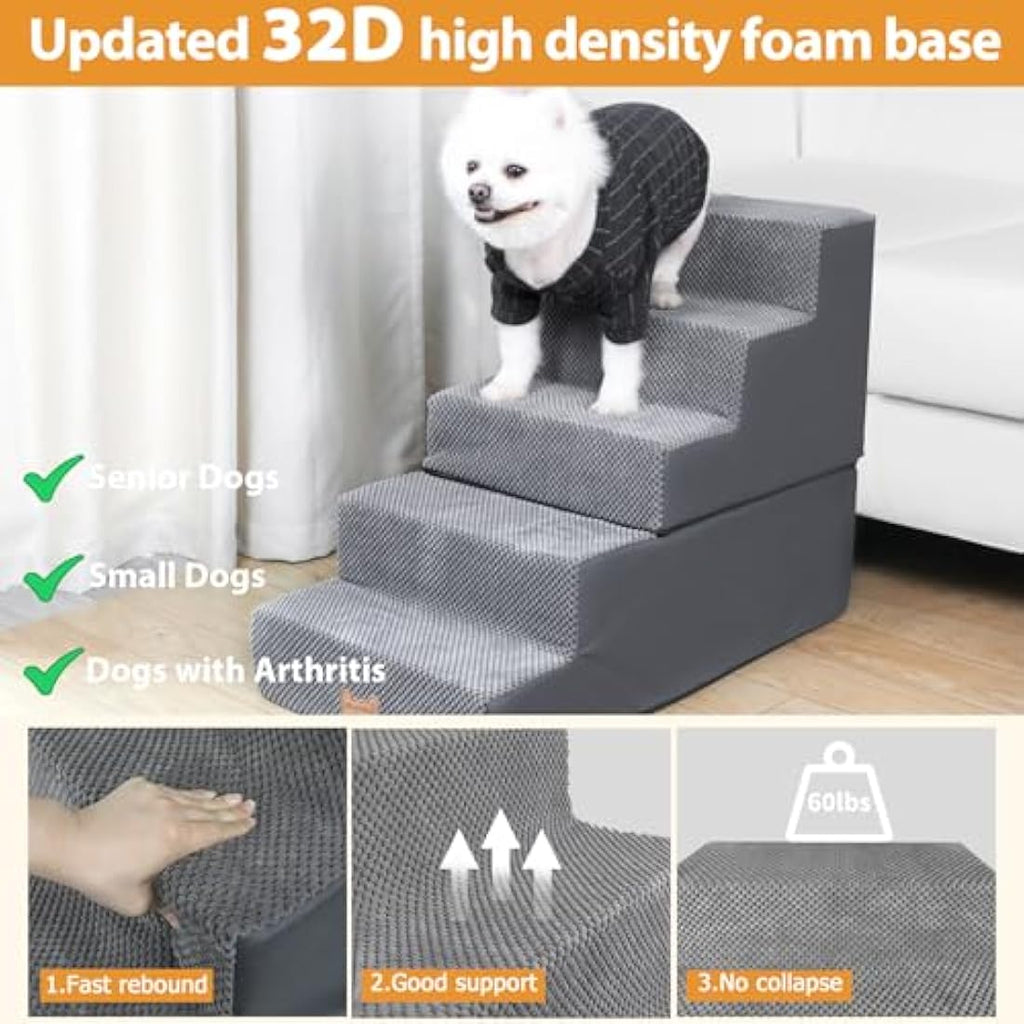 Nepfaivy 5-Step Dog Stairs for High Bed – Non-Slip Foam Pet Ramp