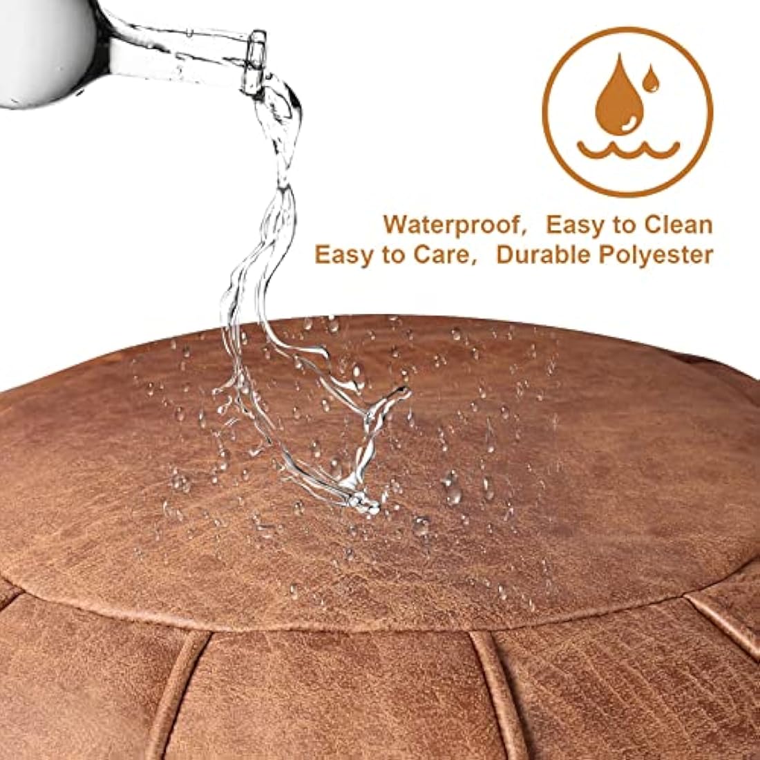 Louis Donné Round Faux Leather Pouf Ottoman Cover - Cognac Brown
