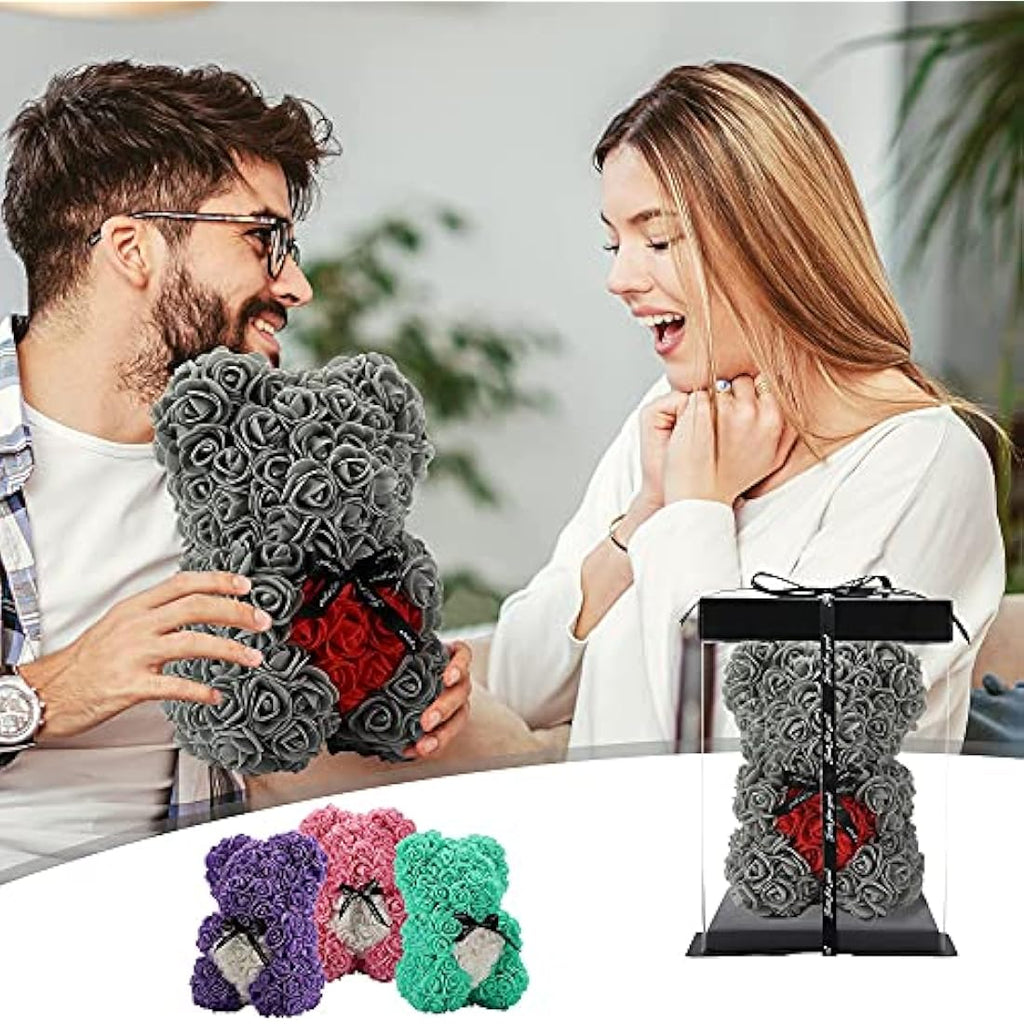 Jolof Store Rose Teddy Bear – Handmade Artificial Flower Gift (Gray)