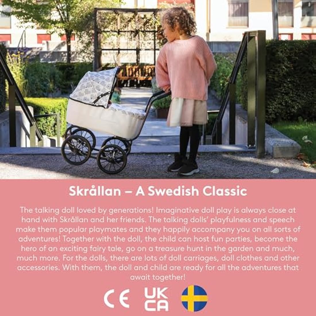 Skrållan Classic Doll Pram – Sturdy Swedish Design Toy Stroller for Dolls