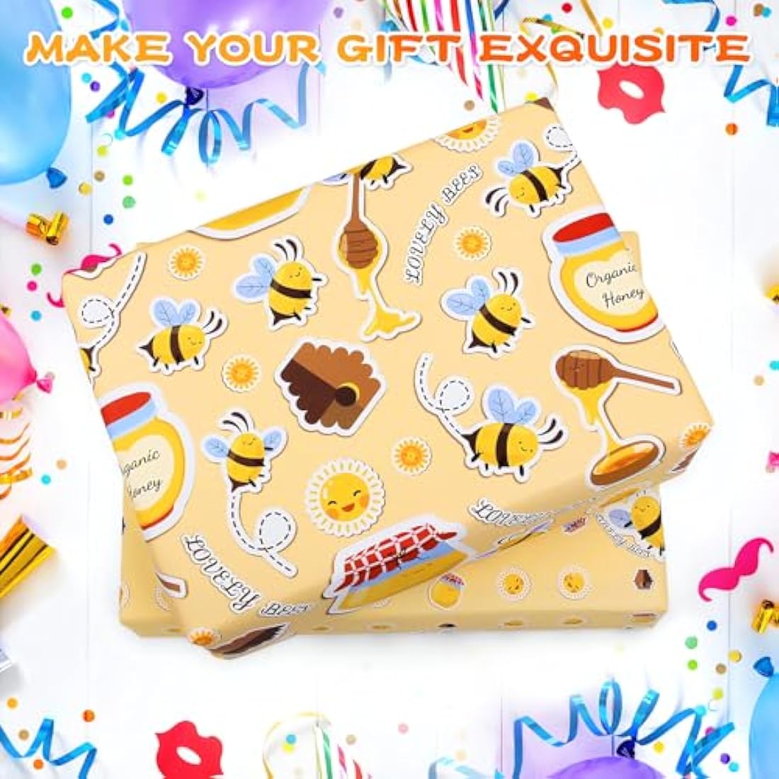 Bee Birthday Wrapping Paper - 4 Recycled Sheets with Tags