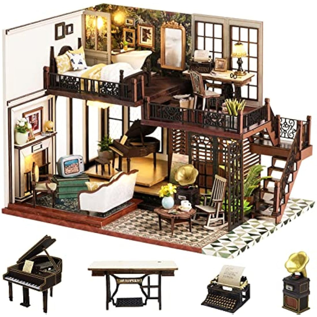 Spilay DIY Miniature Dollhouse Kit – 1:24 Scale Wooden Villa with Music Box