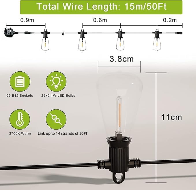 Kawaya 15M LED Garden Festoon Lights – Waterproof Shatterproof Outdoor String