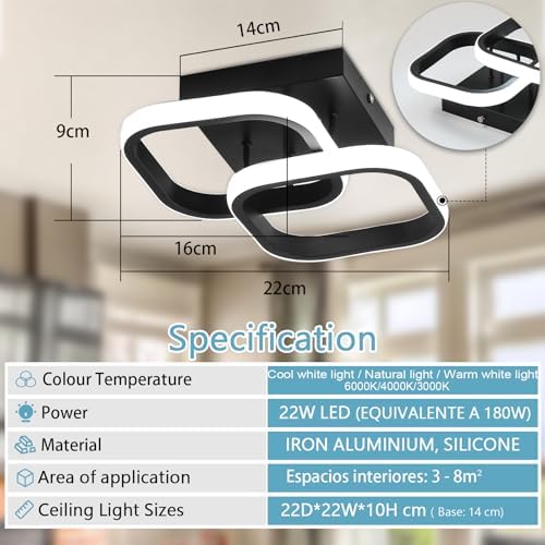 EIDISUNY Modern Square LED Ceiling Light – Dimmable 22W Remote Control Lamp