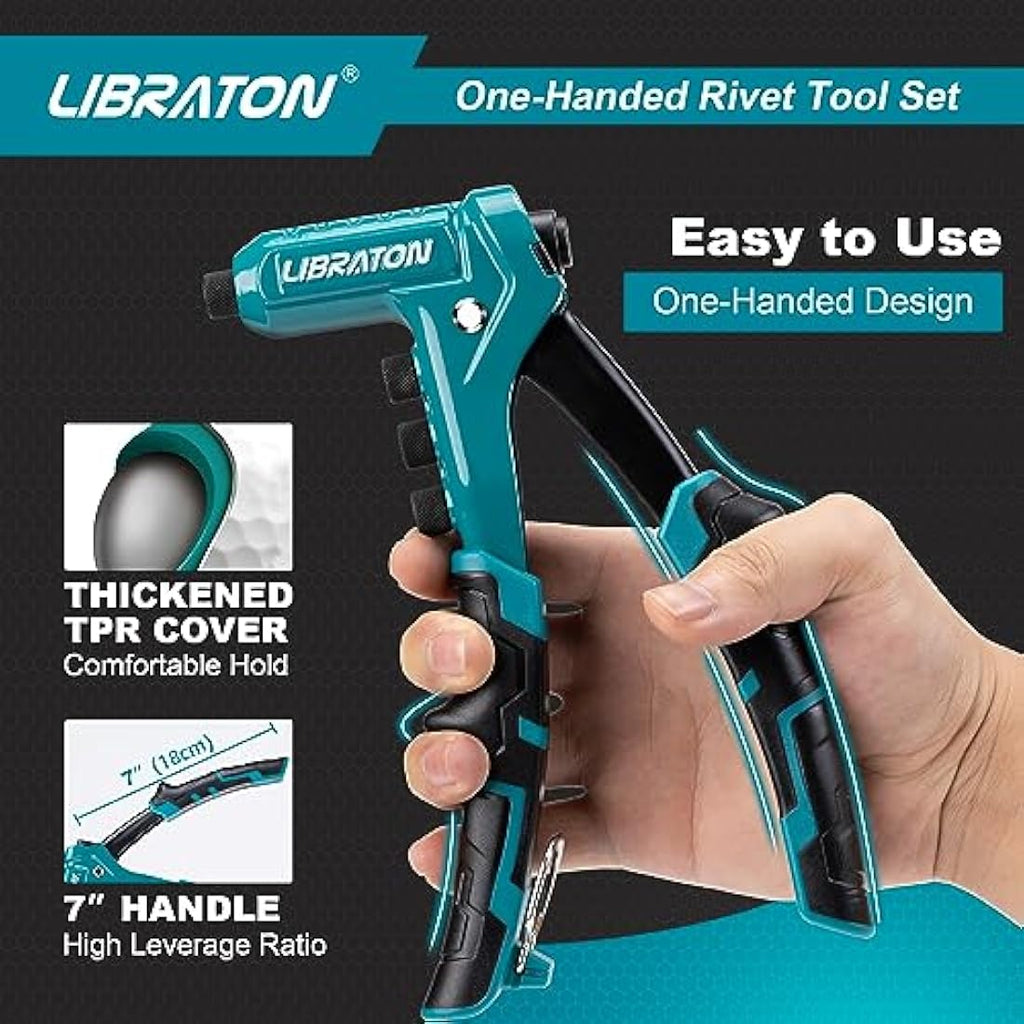 Libraton One-Handed Rivet Gun Set | Professional Hand Riveter with 200 Rivets
