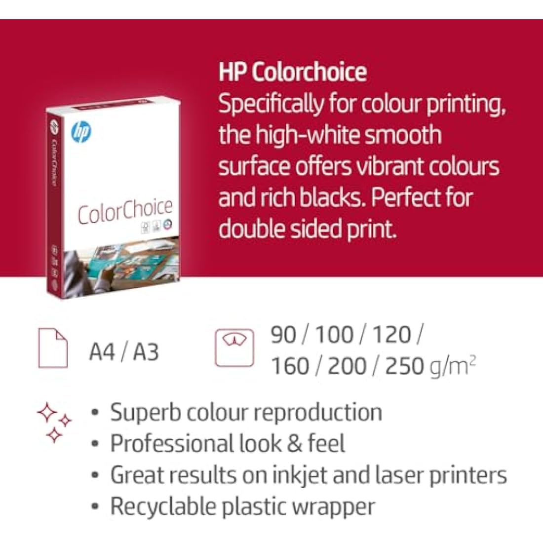 HP Color Choice A4 Paper 250gsm Heavyweight Cardstock - White (250 Sheets)