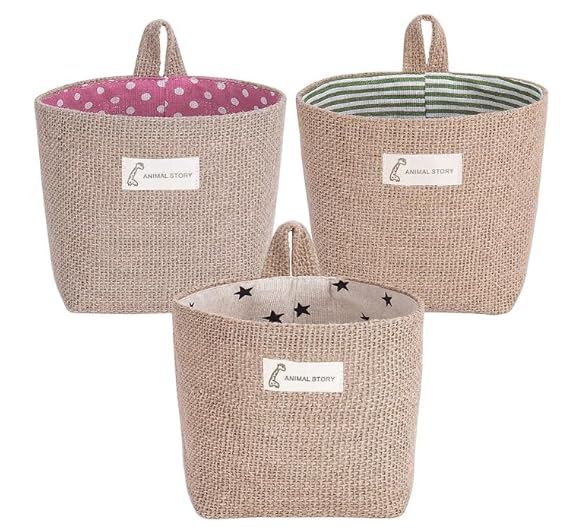 Fahibin Cotton Linen Storage Basket Bag,3pcs Hanging Small Foldable Storage Basket Bag with Handle, Foldable Organizer Decorative Bag for Toys, Keys - image 1