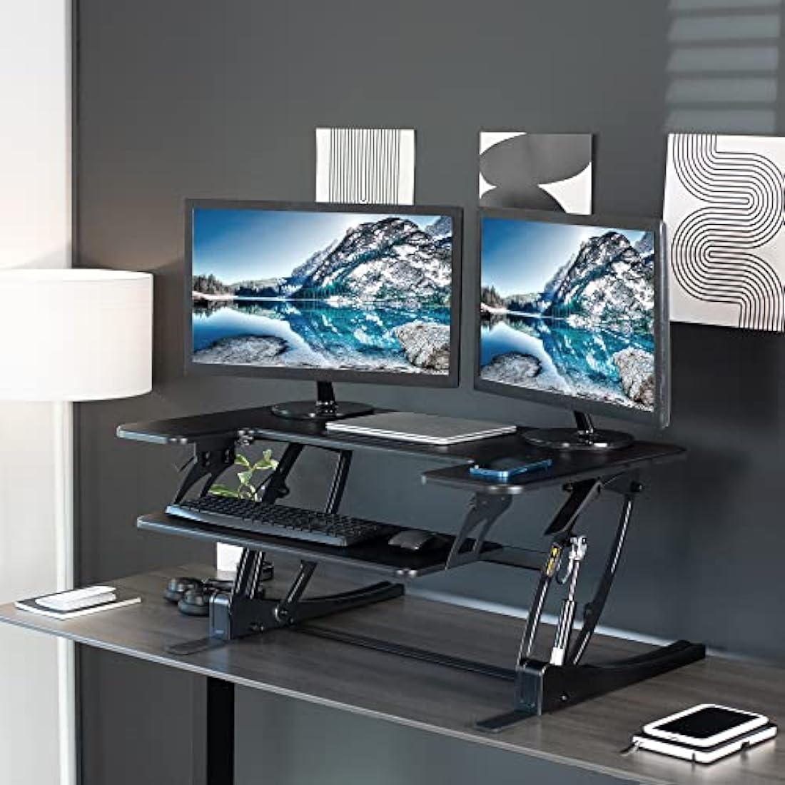VIVO 91cm Height Adjustable Dual Monitor Stand Up Desk Converter - Black