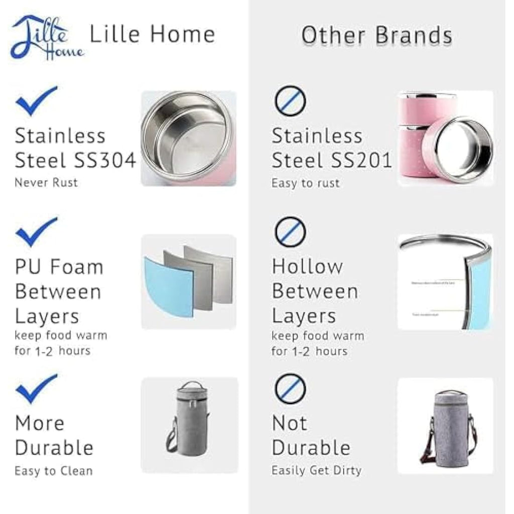 Lille Home 3-Tier Stainless Steel Thermal Bento Lunch Box with Bag – 1380ml
