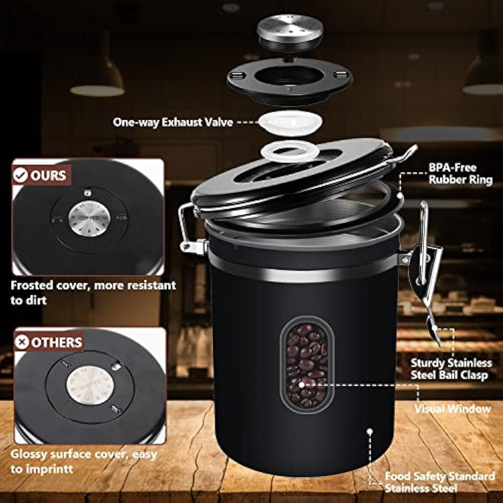 ROCKY&CHAO Airtight Coffee Canister - 2800ml Stainless Steel Storage