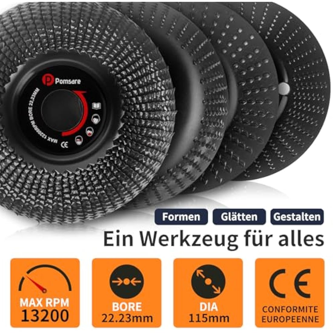 Pomsare 4-Piece Wood Carving Disc Set for 115mm Angle Grinders