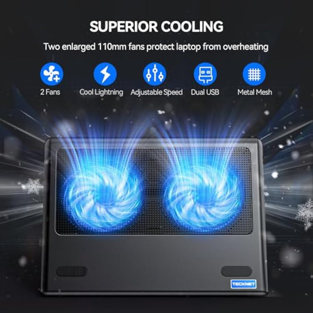 TECKNET Laptop Cooling Pad – 12"-16" Gaming Cooler with 2 Adjustable Fans