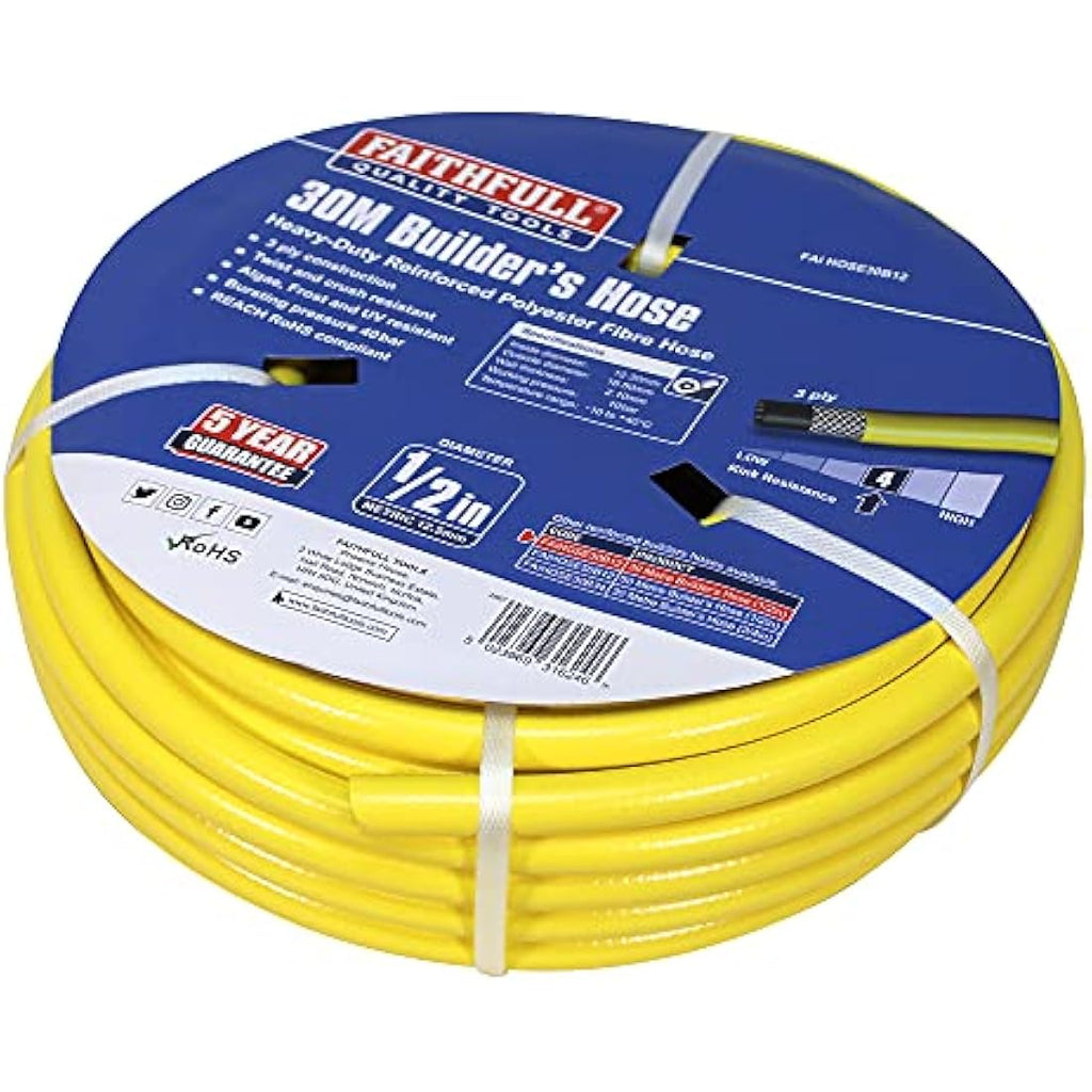 Faithfull Heavy-Duty Reinforced PVC Builders Hose – 30M Kink Resistant Pipe
