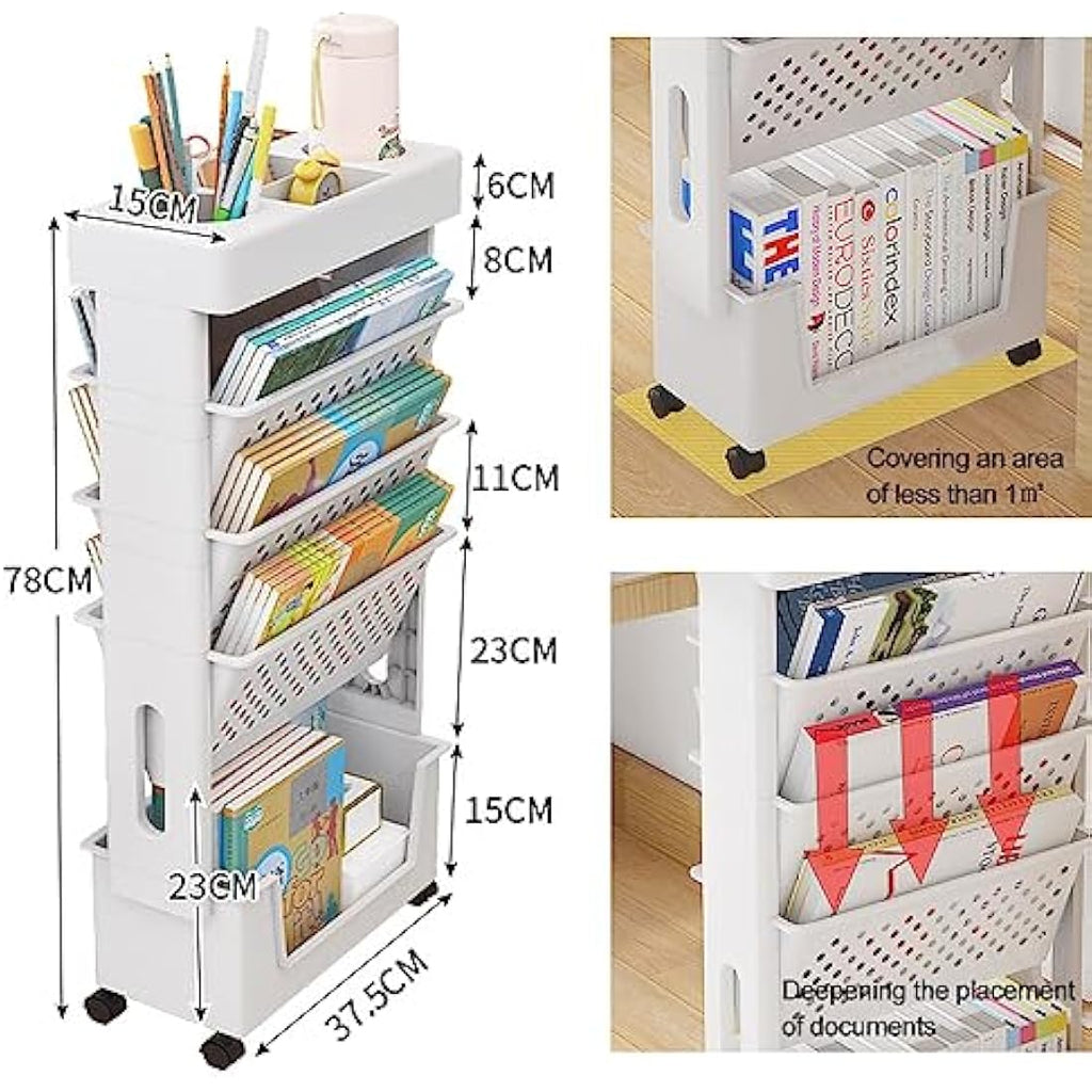 Jolof Store Mobile Bookshelf - Rolling Storage Cart with Wheels, White