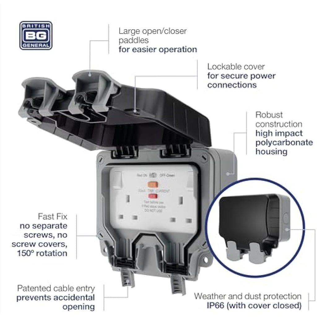 BG Electrical Double Outdoor Socket | IP66 Weatherproof Latching RCD