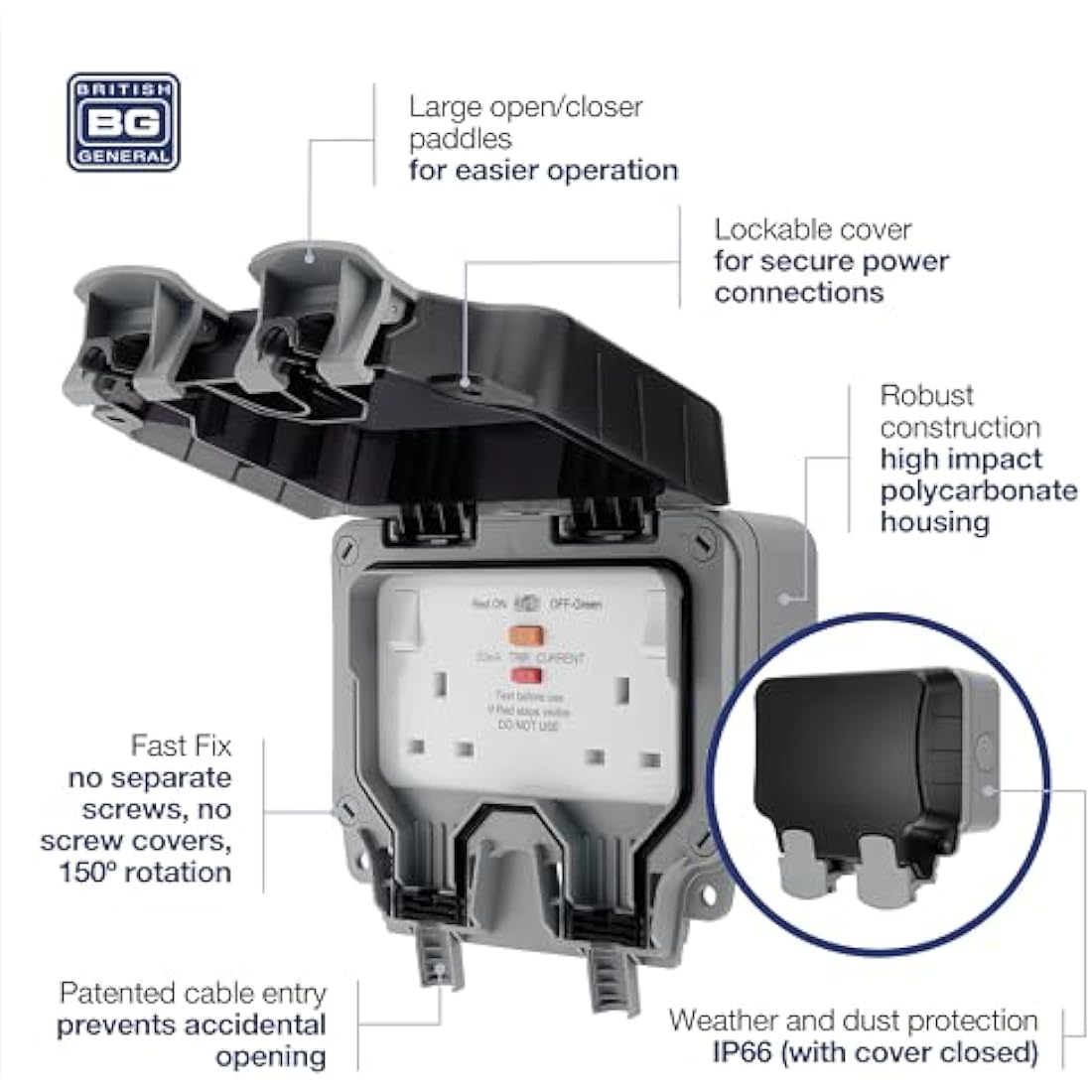 BG Electrical Double Outdoor Socket | IP66 Weatherproof Latching RCD