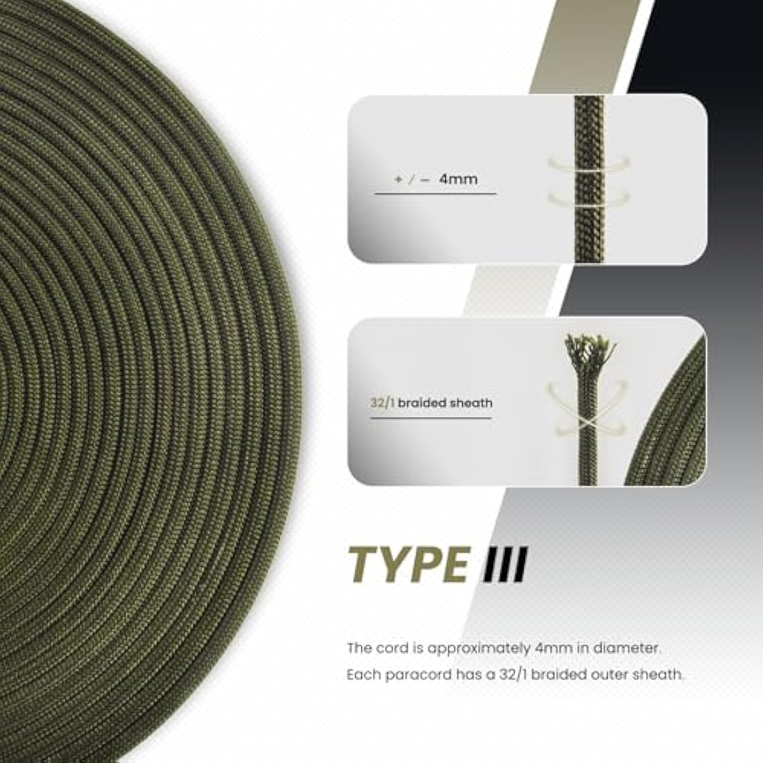 Abma Cord 550 Paracord – 100m Type III 7-Strand Nylon Rope, Army Green