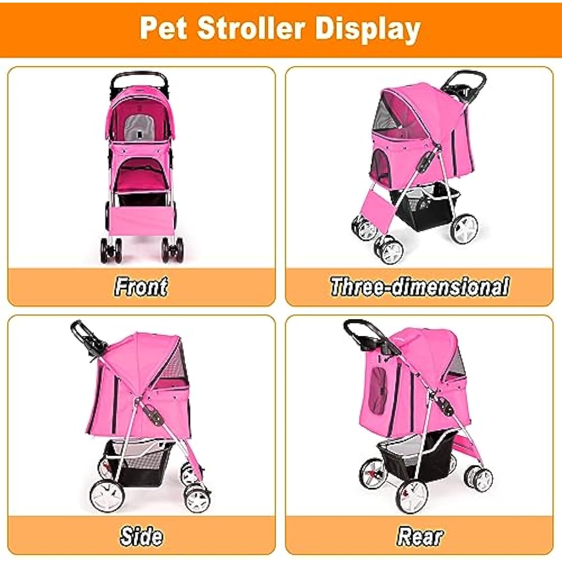 Display4top 4-Wheel Pet Stroller - Foldable Dog & Cat Travel Pram, Pink