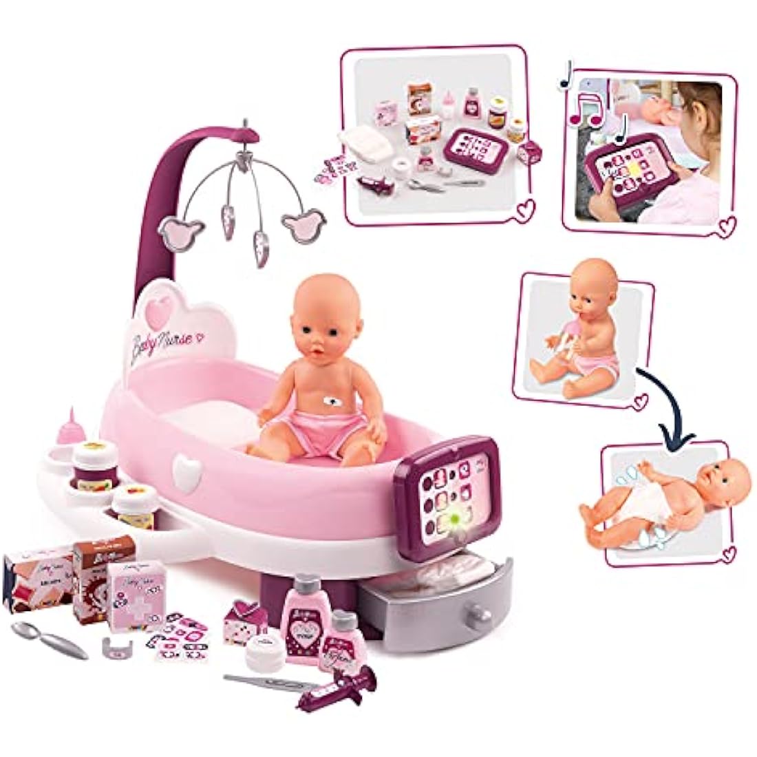 Smoby Baby Nurse Electronic Doll Nursery Set with 32cm Doll - Pink