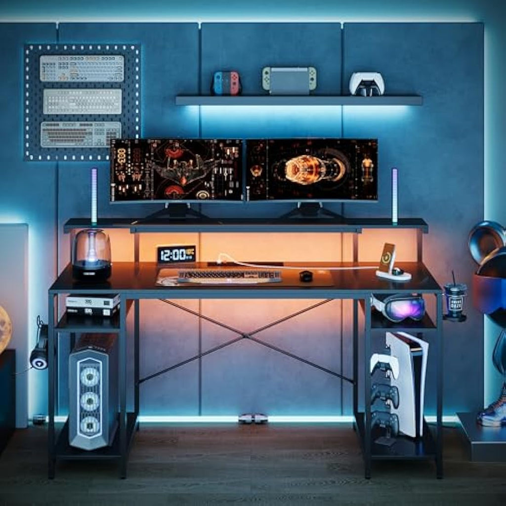 140cm Gaming Desk with LED Lights and Power Outlets