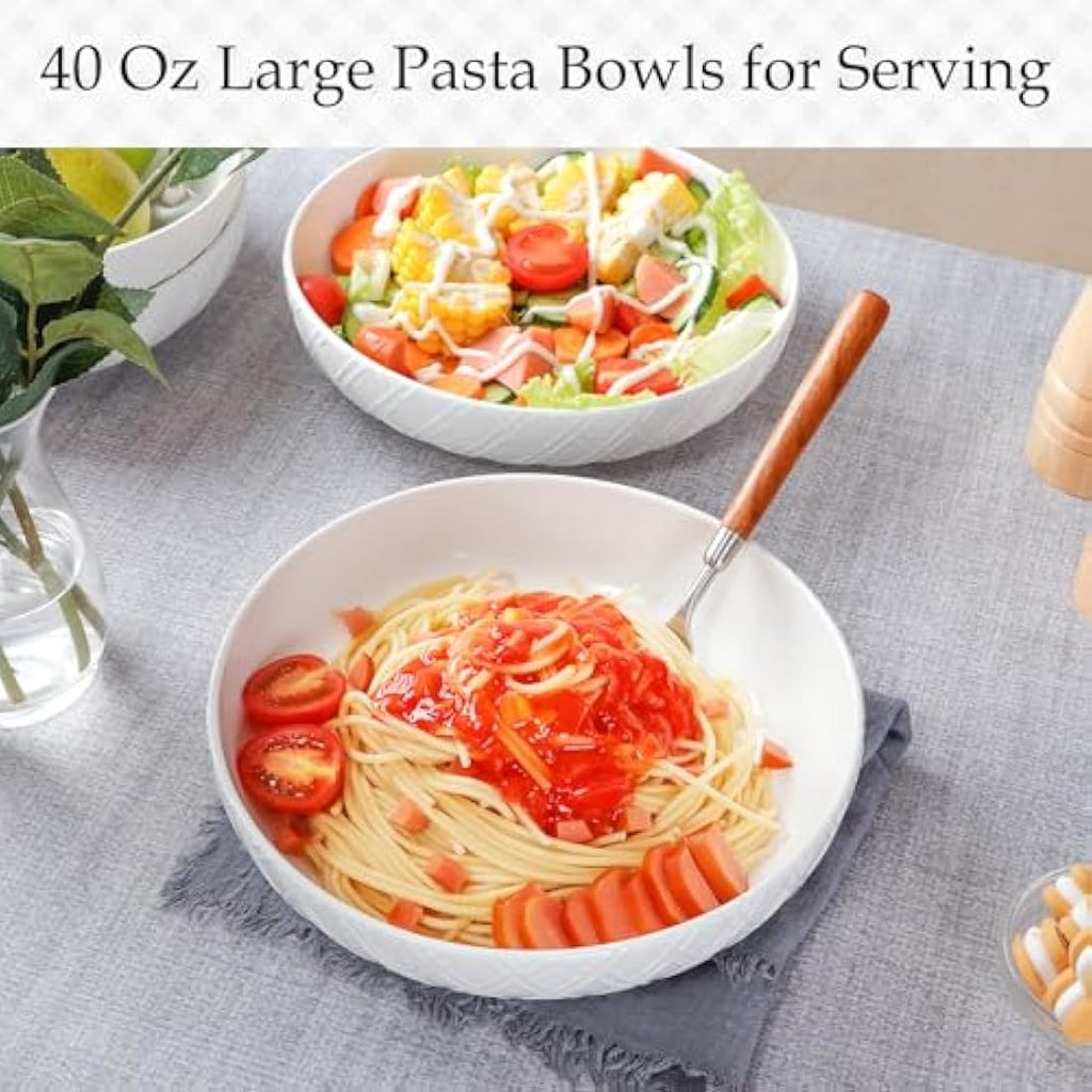 NUTRIUPS 40 Oz Pasta Bowls Set of 4 | White Checkered Porcelain Salad Bowls