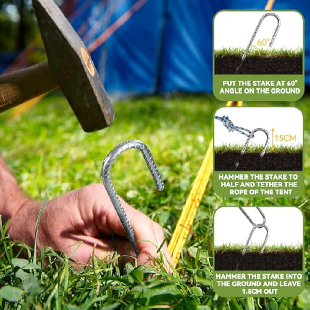 Graxury 16" Heavy Duty Galvanized Steel J Hook Rebar Stakes - 20 Pack