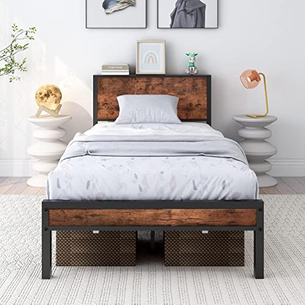 DUMEE Single Metal Bed Frame with Storage Headboard - Black & Brown
