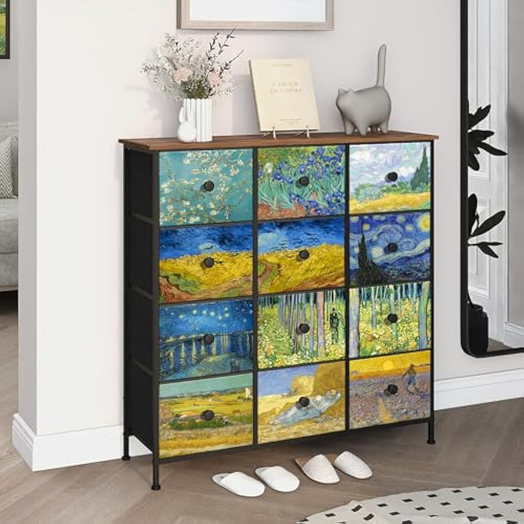 VEDECASA 12 Drawer Fabric Dresser – Van Gogh Tall Storage Chest