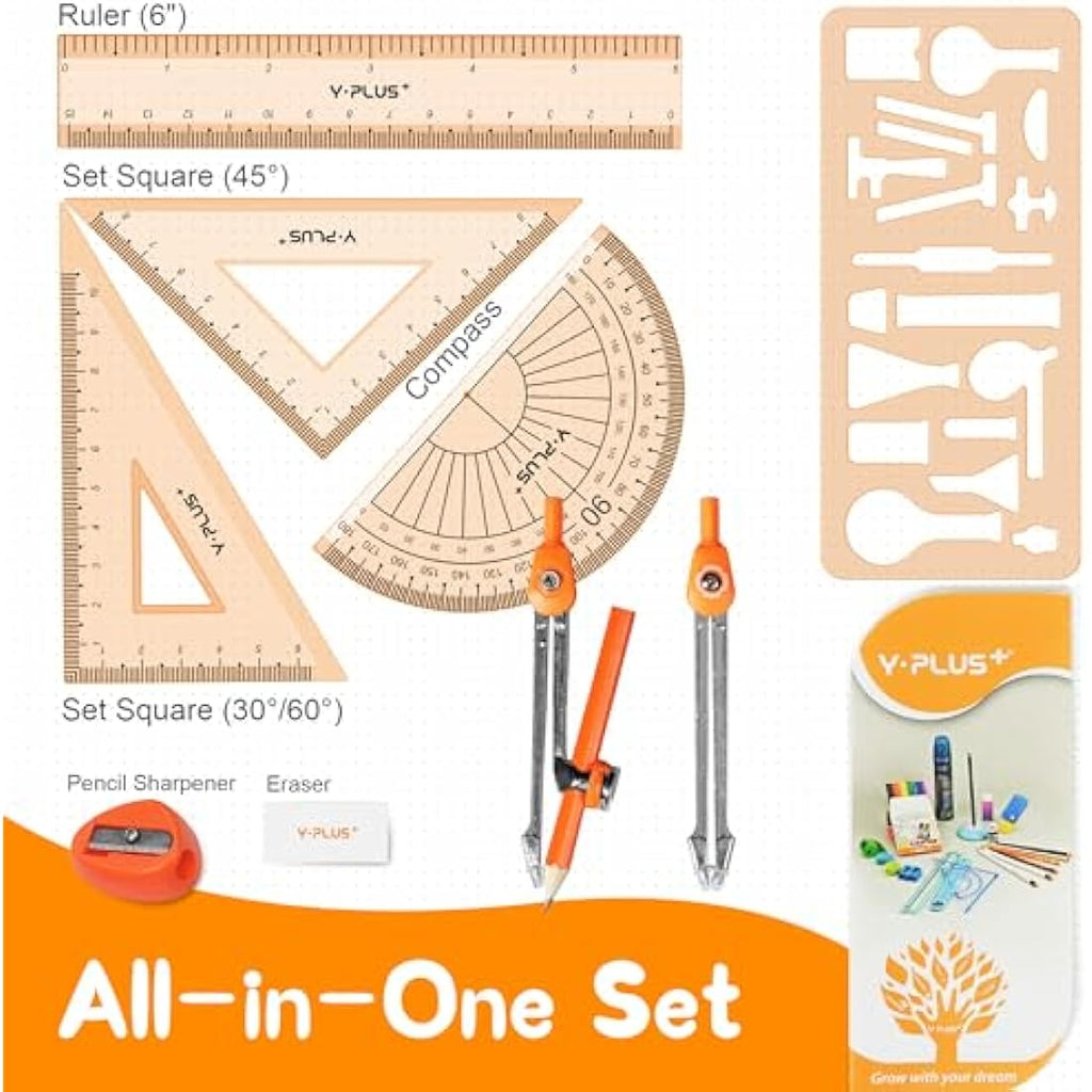 YPLUS 11-Piece Geometry Set | Math Compass and Protractor Kit for Students