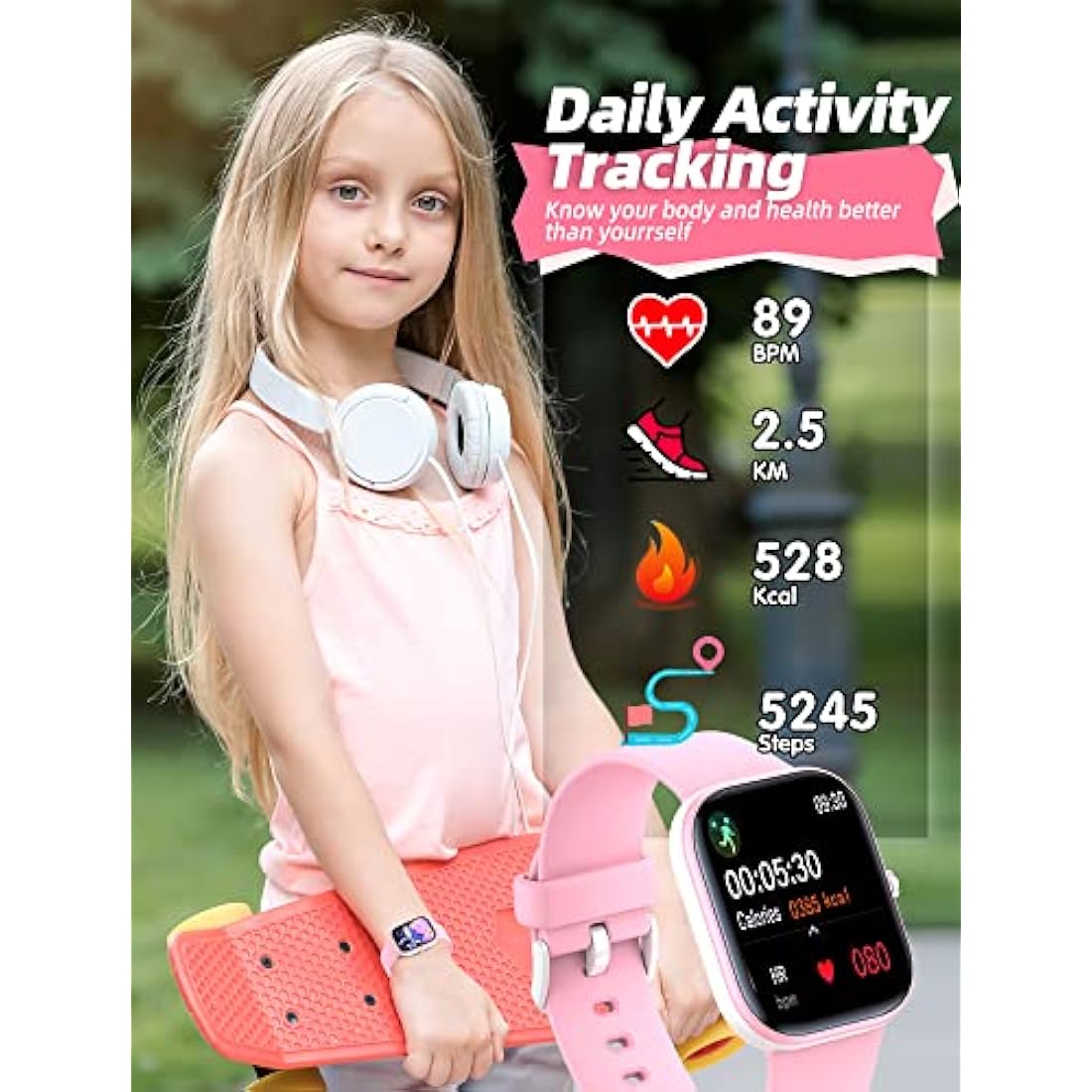 Slothcloud Kids Smart Watch - IP68 Waterproof Fitness Tracker, Pink