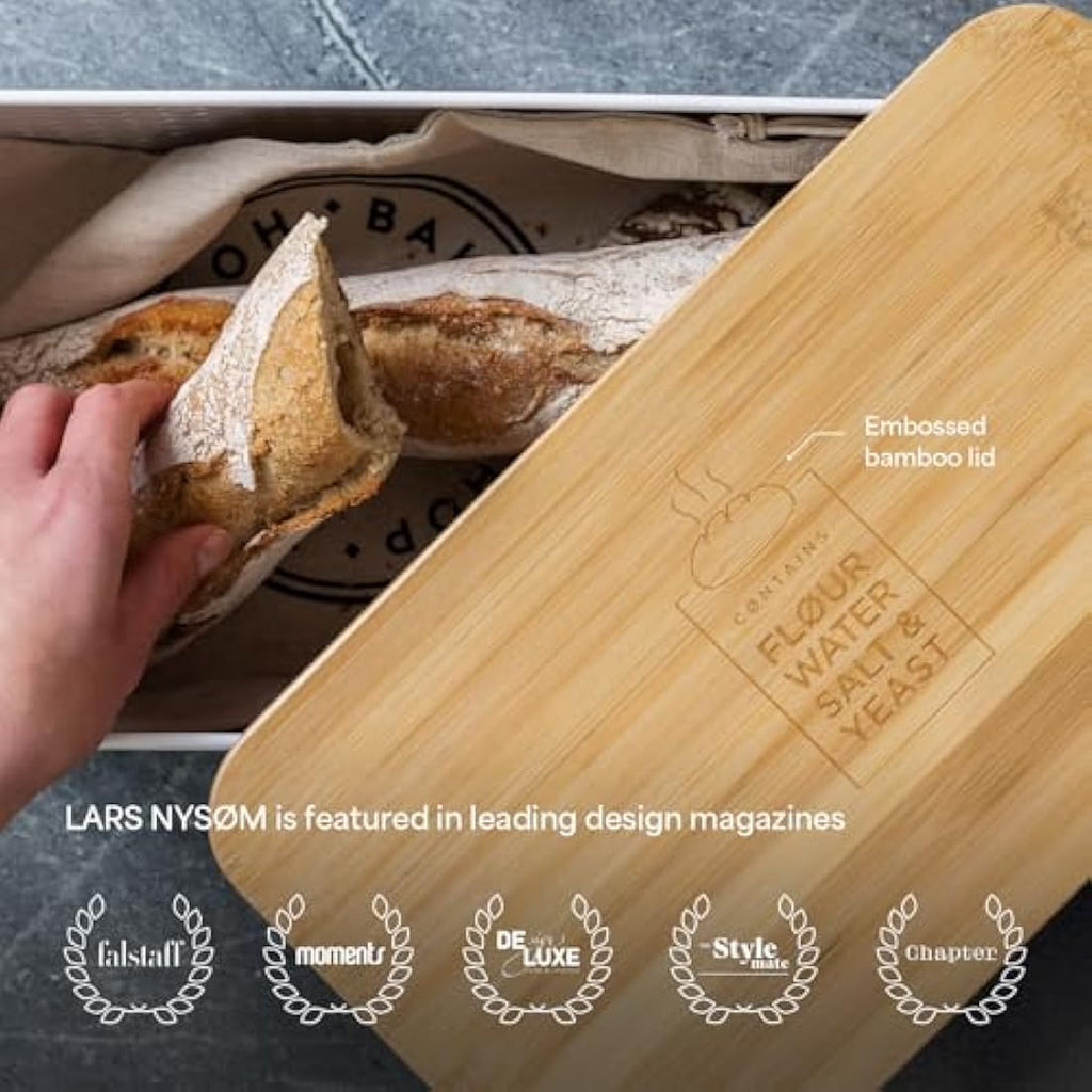 LARS NYSØM Metal Bread Bin with Bamboo Cutting Board Lid - Pure White