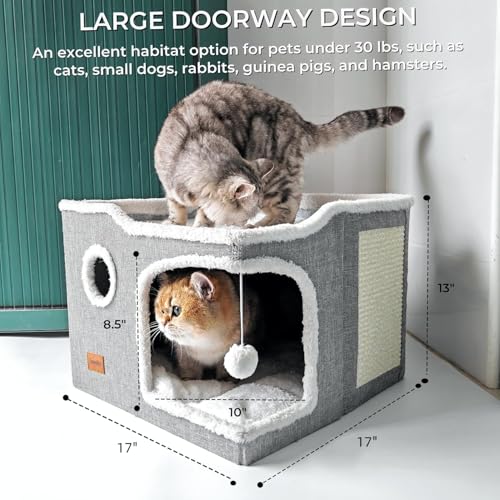 Spindro Large Cat Bed Cave – Foldable Indoor Cat House with Scratch Pad