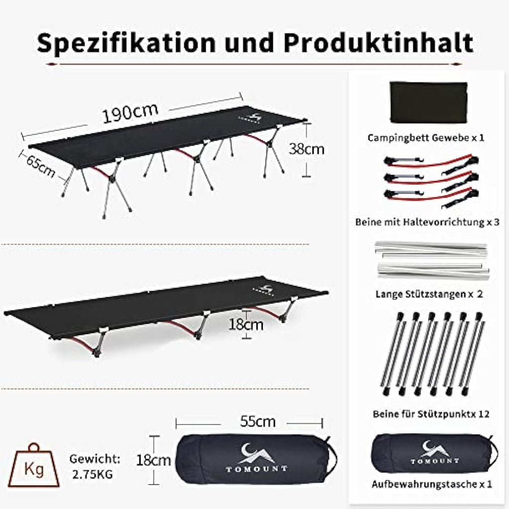 TOMOUNT Lightweight Camping Bed | Adjustable Height Aluminum Cot