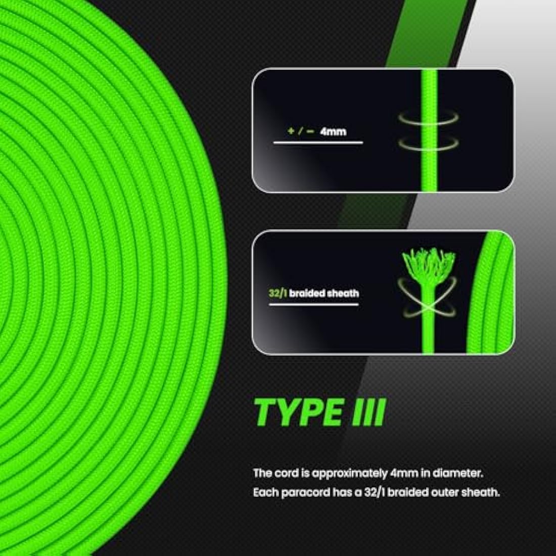 Abma Cord 4mm Type III Nylon Paracord - 9 Strands 100m Neon Green