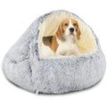 Hooded Cave Dog Bed – Calming Plush Donut Pet Bed, Grey