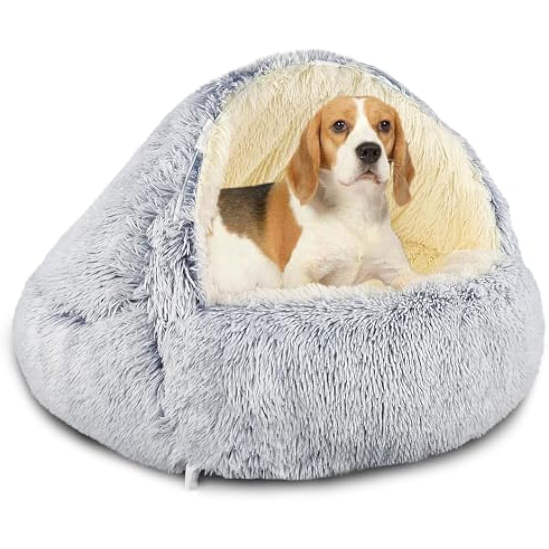 Hooded Cave Dog Bed – Calming Plush Donut Pet Bed, Grey