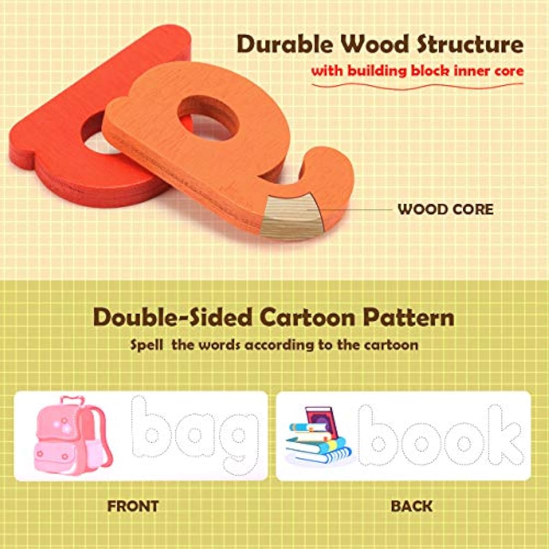 Qukir Spelling Games: Wooden Alphabet Flash Cards Montessori Learning Toy