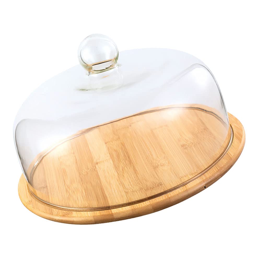 VOSAREA Wooden Cake Tray with Glass Dome - 29cm Serving Platter Stand