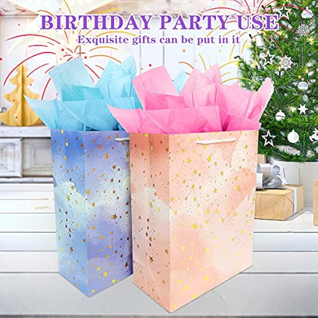 Large Gift Bags with Tissue Paper – 2 Pack Pink & Blue Set